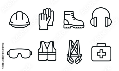Construction Safety Icons. Outline icon set of construction safety equipment: safety helmet, gloves, safety