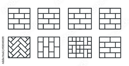 Brick Patterns Icons. Outline icon set of brick patterns and techniques: stretcher bond, header bond, English