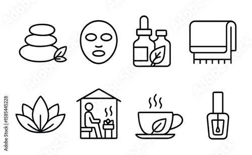 Spa Icon Set. Outline icon set of spa and self-care: massage stones, facial mask, essential oils, towel, lotus