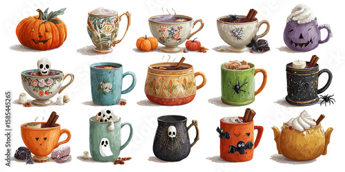 Halloween cups and mugs with hot drinks drawings, decorative autumn holiday spooky stickers with pumpkins and ghosts decorations. Creepy beverages for Halloween parties. Illustrative art.