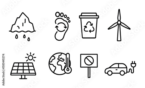 Climate Icon Set. Outline icon set of climate change awareness: melting glacier, carbon footprint, recycling