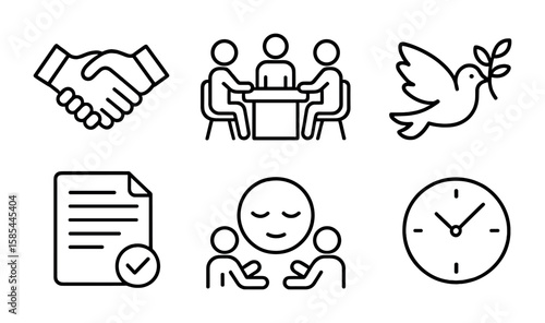 Workplace Conflict Icons. Outline icon set of conflict resolution in the workplace: handshake, mediation table