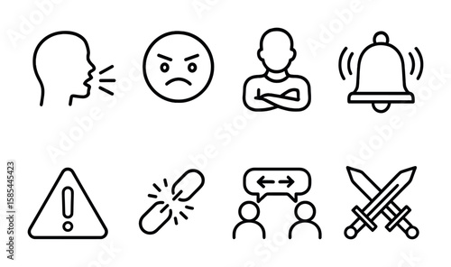 Conflict Icons Set. Outline icon set of conflict triggers: raised voice, angry face, crossed arms, alarm bell,