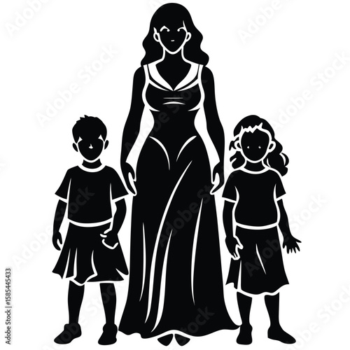Black Silhouette of Woman and Children Posing Together on a White Background