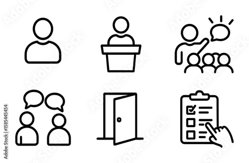 Leadership Icons Set. Outline icon set of leadership and conflict management: leader figure, podium, team