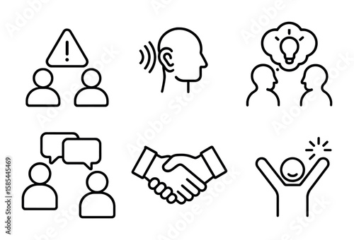 Conflict Resolution Icons. Outline icon set of conflict resolution steps: identify issue, listen actively,