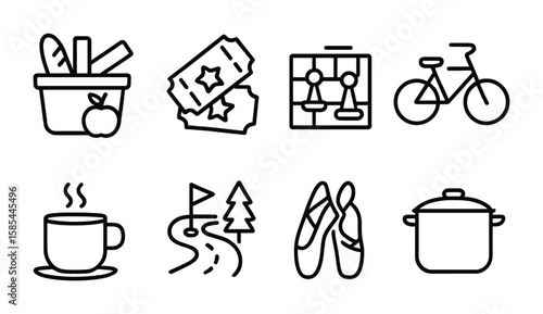 Quality Time Icons. Outline icon set of quality time activities: picnic basket, movie tickets, board game,