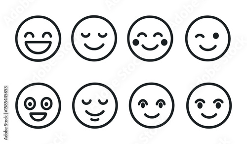 Positive Emotion Icons. Outline icon set of positive emotions: laughter, content smile, blushing cheeks,