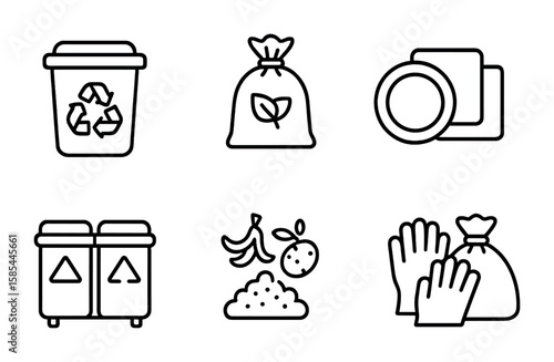Citrus Cleanup Icons. Outline icon set of citrus party cleanup: recycling bin, compost bag, biodegradable