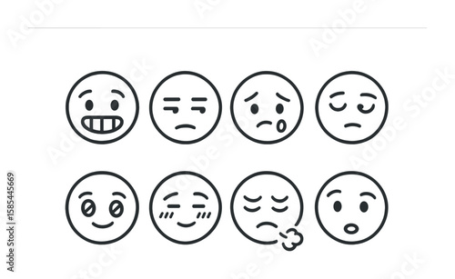 Emotional Icon Set. Outline icon set of mixed emotions: nervous smile, skeptical glance, bittersweet tear,