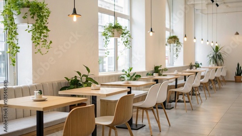 Bright Minimalist Cafe Interior with Modern Dining Chairs and Natural Light from Large Windows