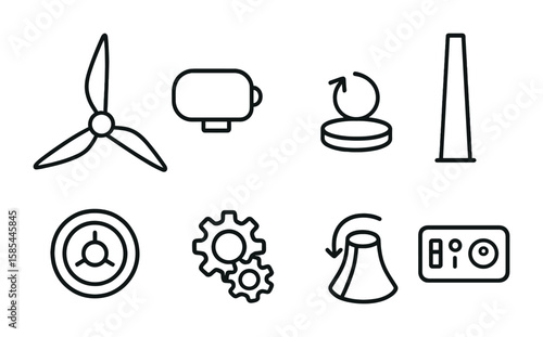 Wind Turbine Icon Set. Outline icon set of wind turbine components: rotor blade, nacelle, tower, generator,
