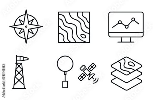 Wind Assessment Icons. Outline icon set of wind resource assessment: wind rose, topographic map, wind map,