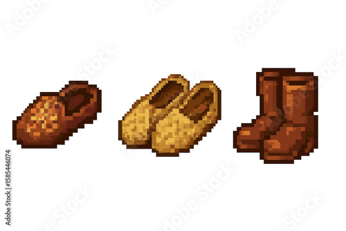 Pixel art footwear collection: slippers and boots in retro style