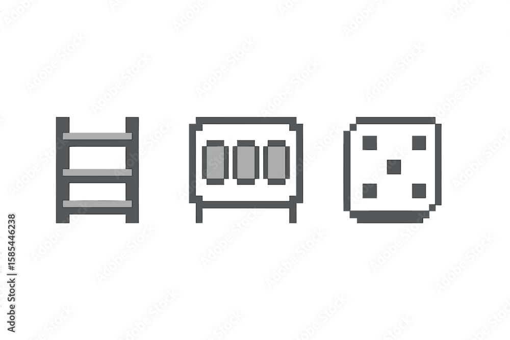 Minimalist pixel art icons of ladder, stove, die on gray background Minimalist pixel art icons of ladder, stove, die on gray background