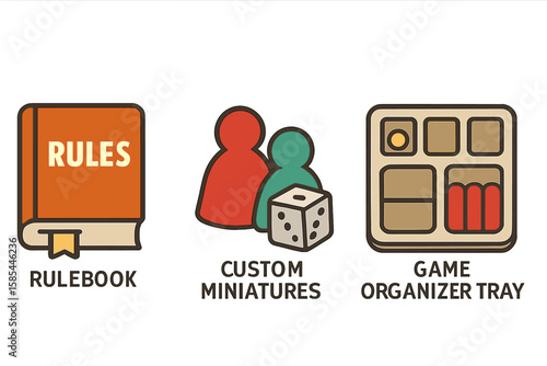 Board game essentials: rulebook, custom miniatures, game organizer tray