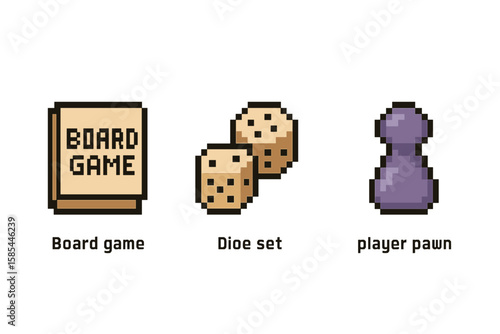 Pixel art board game components with dice and player pawn