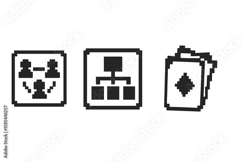 Pixel art icons - contacts, network, documents in black on gray