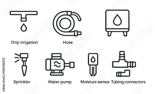 Vertical Garden Irrigation Icons. Outline icon set of irrigation systems for vertical gardens: drip irrigation