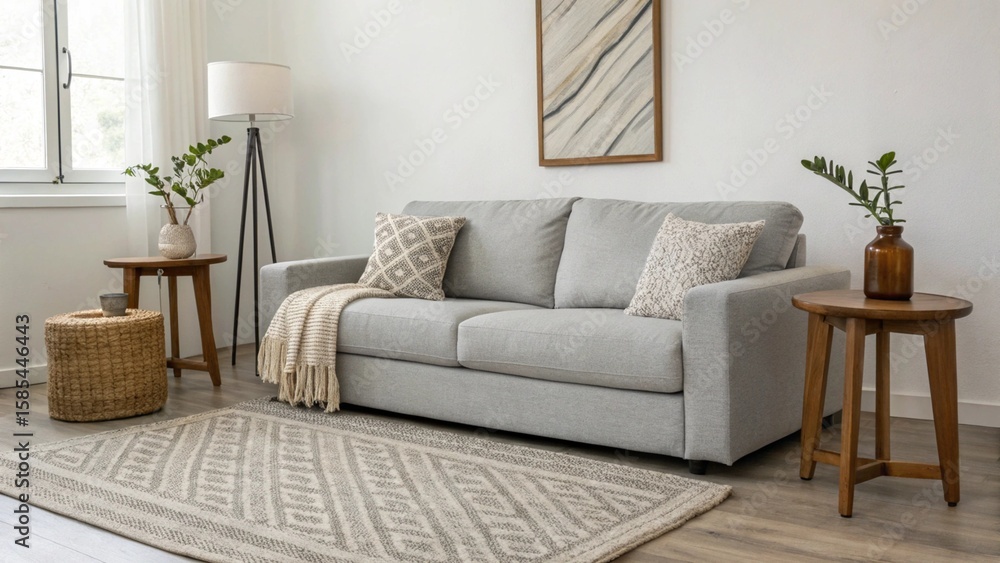 Fototapeta premium Minimalist Living Room with Grey Sofa, Neutral Tones, and Natural Accents