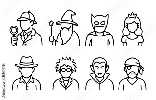 Famous Literary Icons. Outline icon set of famous literary characters: detective, wizard, superhero, princess,