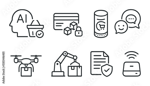 Futuristic E-commerce Icons. Outline icon set of emerging e-commerce tech: AI recommendation, blockchain