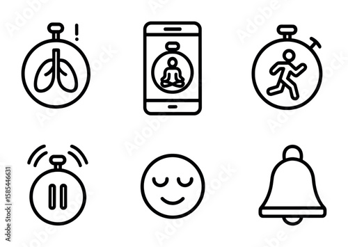 Stress Management Icons. Outline icon set of stress management with timers: breathing timer, meditation app,