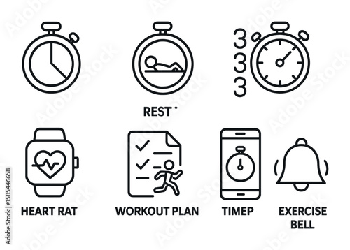 Exercise Timer Icons. Outline icon set of exercise and workout timers: interval timer, rest timer, set count,