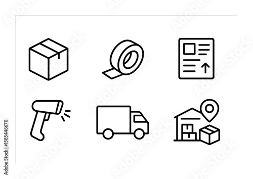E-commerce Packaging Icons. Outline icon set of e-commerce packaging and shipping processes: cardboard box,