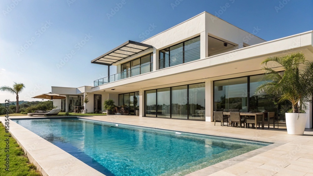 Fototapeta premium Modern Luxury House with Large Swimming Pool, Expansive Patio, and Palm Trees on a Bright Sunny Day