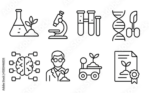 Agri-Tech Icon Set. Outline icon set of agri-tech research and development: laboratory, microscope, test tubes