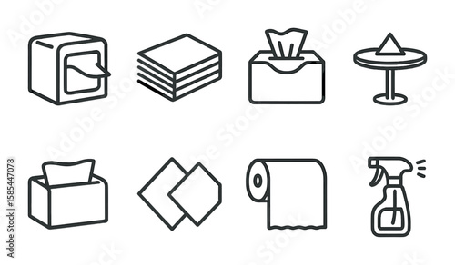 Napkin Dispenser Icons. Outline icon set of napkin dispenser: napkin stack, tissue box, counter, paper towel,