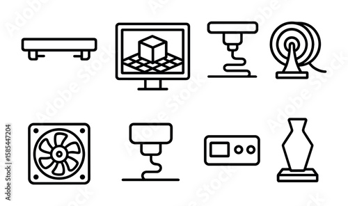3D Printing Icons. Outline icon set of additive manufacturing process: 3D printer bed, slicing software, layer