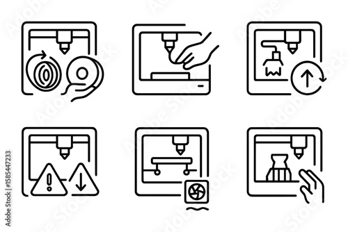 3D Printing Icon Set. Outline icon set of 3D printing maintenance and support: filament replacement, nozzle