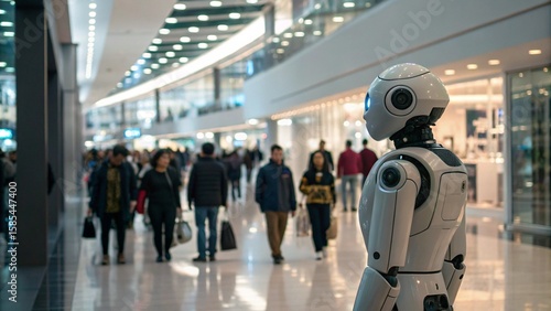 AI Robot Observing a Crowded Futuristic Shopping Mall with Human Shoppers