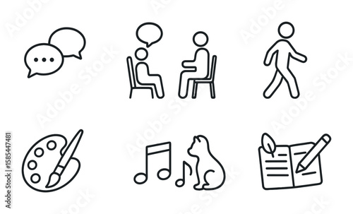 Coping Strategies Icons. Outline icon set of coping strategies: talking, therapy, breathing exercises, walking
