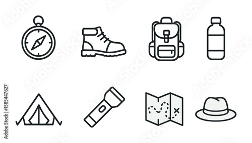 Adventure Gear Icons. Outline icon set of adventure gear: compass, hiking boots, backpack, water bottle, tent,