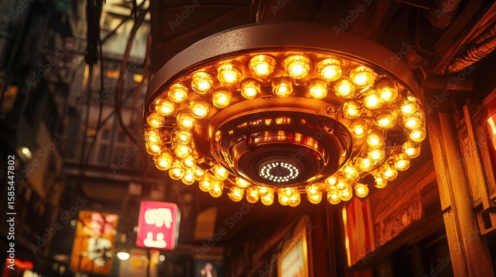 Obraz premium Circular light fixture with warm bulbs hangs over a city alley