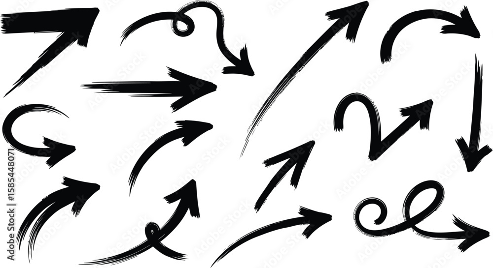 Fototapeta premium A set of handdrawn arrows isolated on white background points in various directions, indicating choices and paths
