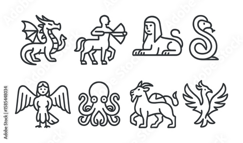 Mystical Creature Icons. Outline icon set of mystical creatures: dragon, centaur, sphinx, basilisk, harpy,