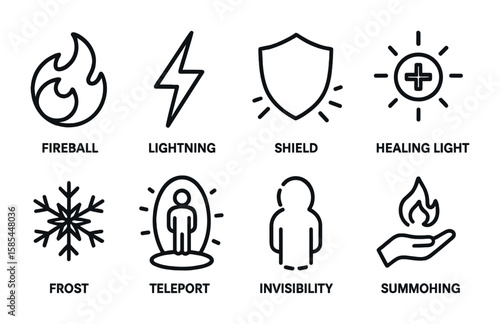 Magical Spells Icons. Outline icon set of magical spells: fireball, lightning bolt, shield spell, healing