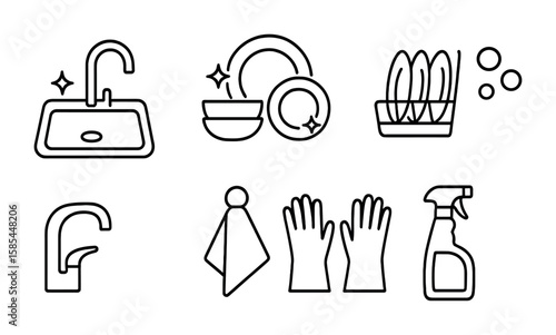 Clean Kitchen Icons. Outline icon set of clean kitchen: shiny sink, clean dishes, drying rack, soap bubbles,