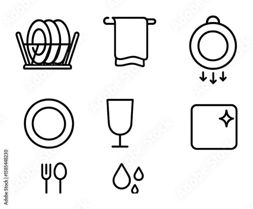 Dish Drying Icons. Outline icon set of dish drying: drying rack, towel, air drying, plate, glass, cutlery,