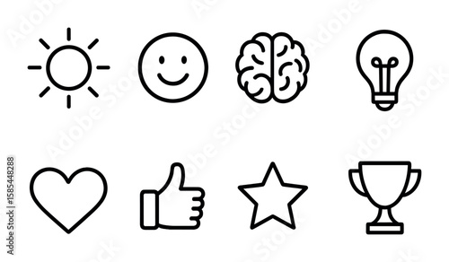Positive Icon Set. Outline icon set of positive mindset: sun, smiley, brain, light bulb, heart, thumbs up,