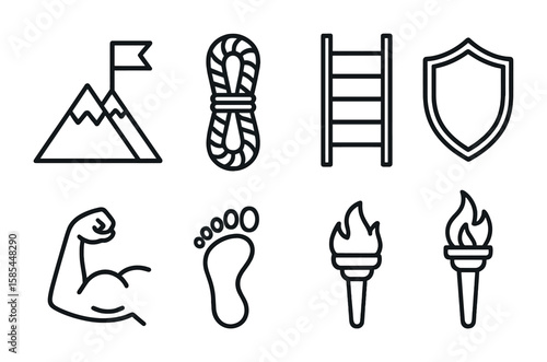 Overcoming Obstacles Icons. Outline icon set of overcoming obstacles: mountain, flag, rope, ladder, shield,