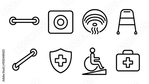Senior Home Safety Icons. Outline icon set of home safety for seniors: grab bar, emergency button, smoke