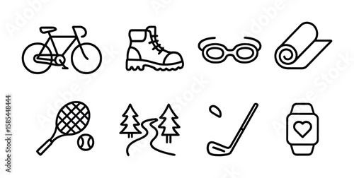 Active Senior Icons. Outline icon set of active seniors: bicycle, hiking boots, swimming goggles, yoga mat,