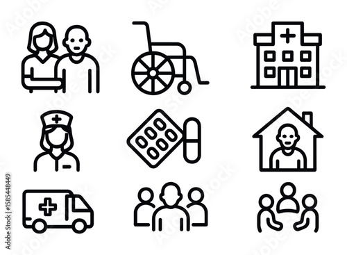 Elderly Care Icons. Outline icon set of elderly care services: caregiver, wheelchair, ambulance, hospital,