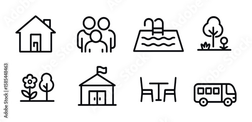 Modern Retirement Icons. Outline icon set of retirement community: house, group of people, swimming pool,