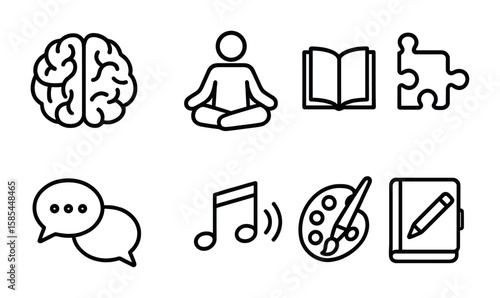 Senior Wellness Icons. Outline icon set of mental wellness in seniors: brain, meditation pose, book, puzzle,
